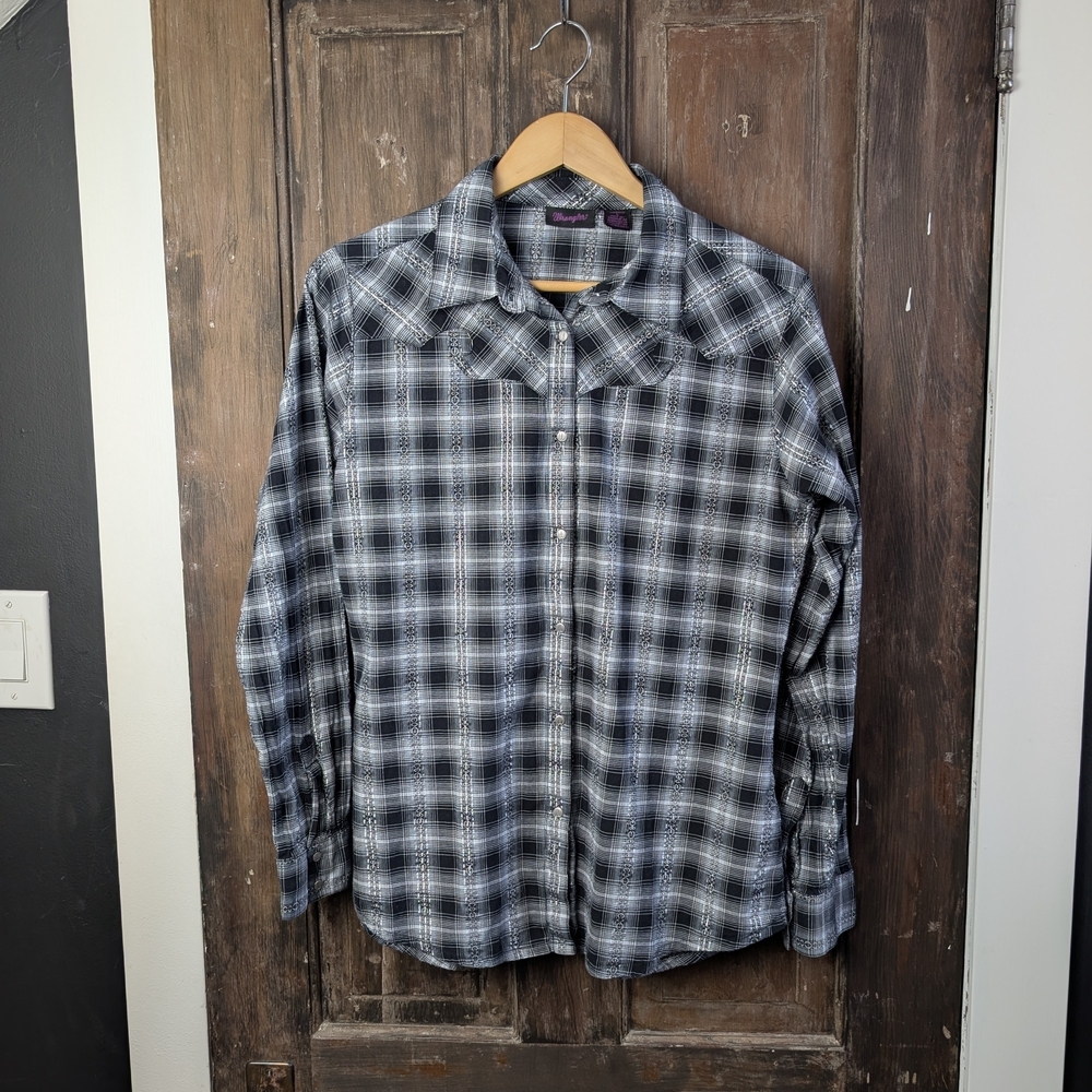 Wrangler Western Pearl Snap Shirt Black Silver Plaid | Festival Cowgirl | Size L